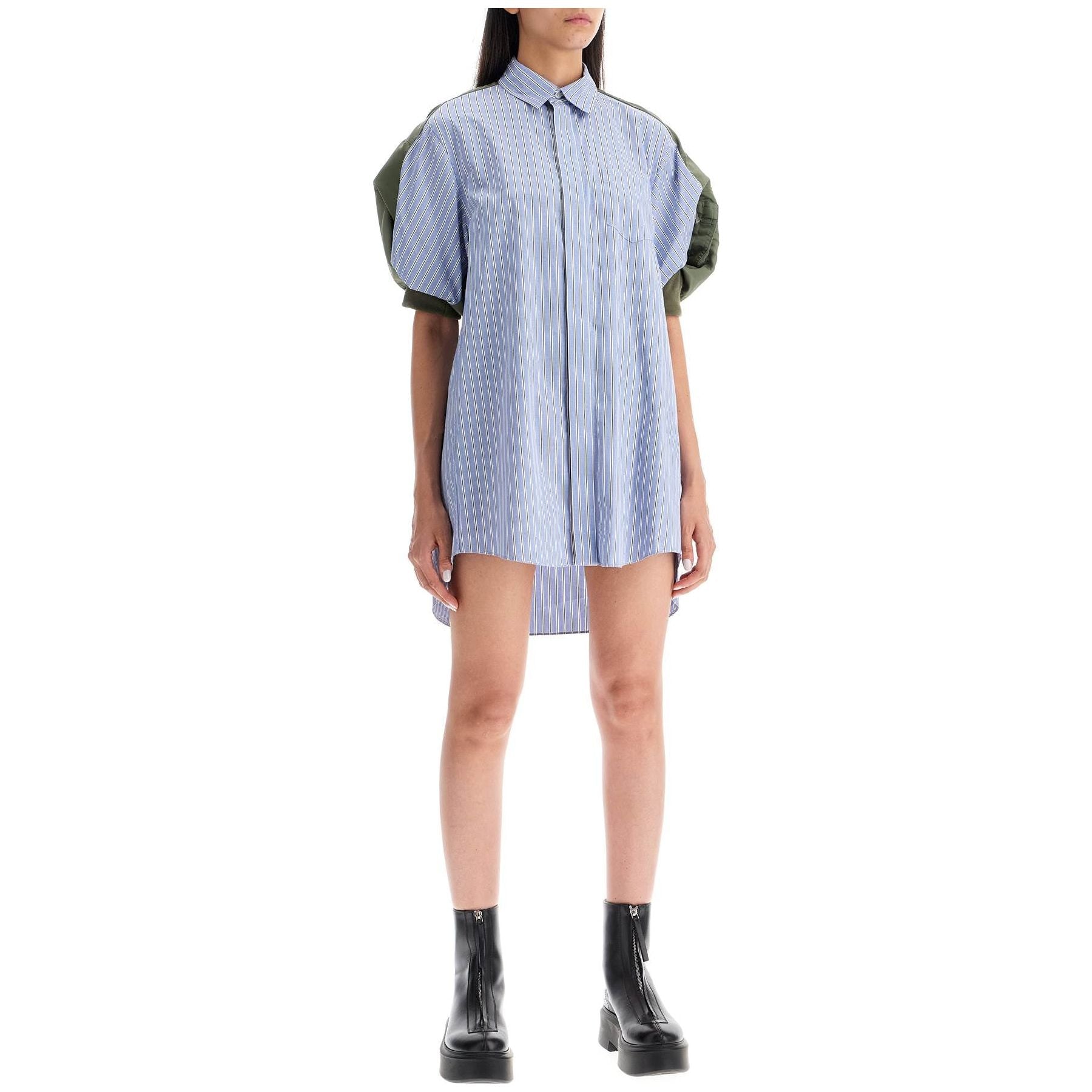 Nylon Twill and Stripe Cotton Shirtdress