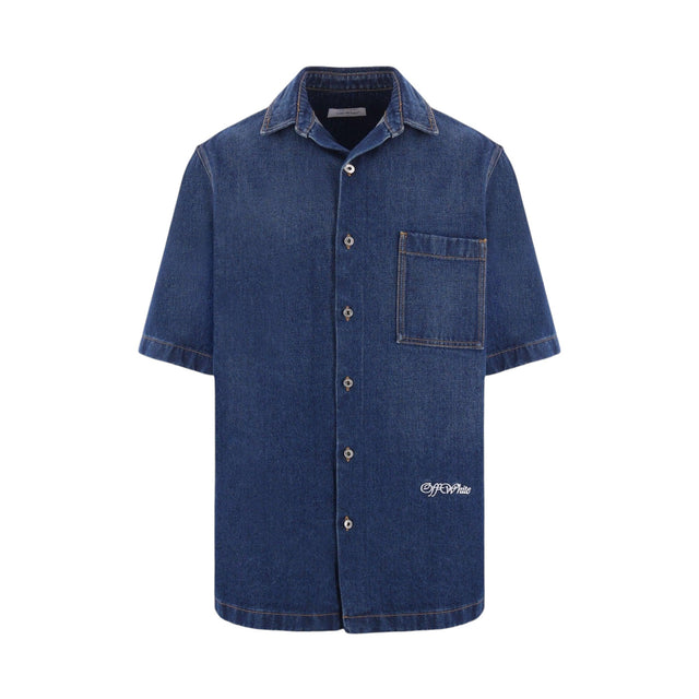 Script Denim Bowling Shirt-OFF-WHITE-JOHN JULIA