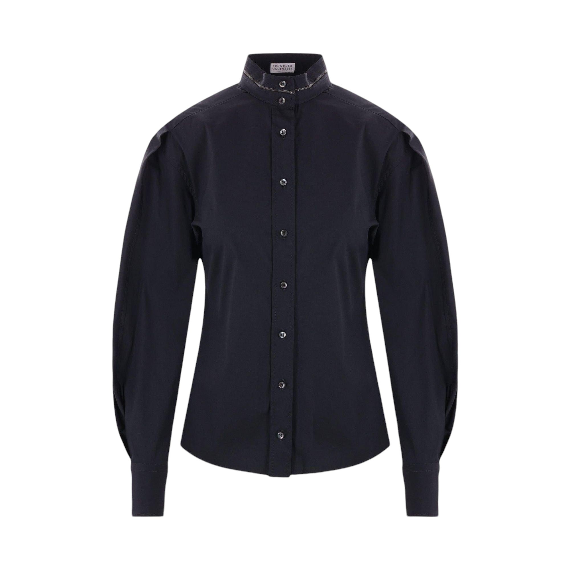 Stretch Poplin Shirt with Monili Embroidery-BRUNELLO CUCINELLI-JOHN JULIA