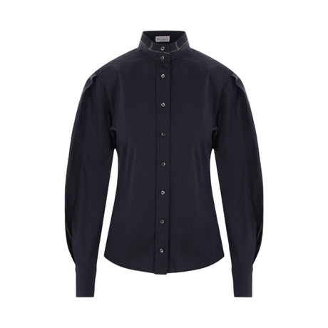 Stretch Poplin Shirt with Monili Embroidery-BRUNELLO CUCINELLI-JOHN JULIA