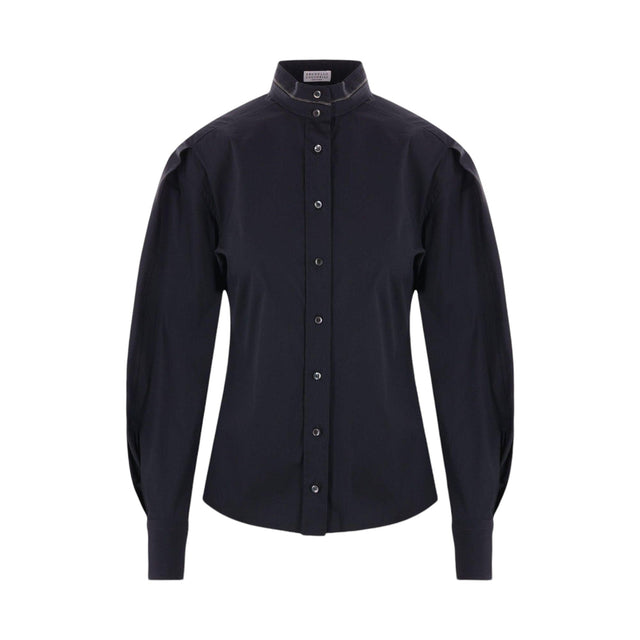 Stretch Poplin Shirt with Monili Embroidery-BRUNELLO CUCINELLI-JOHN JULIA