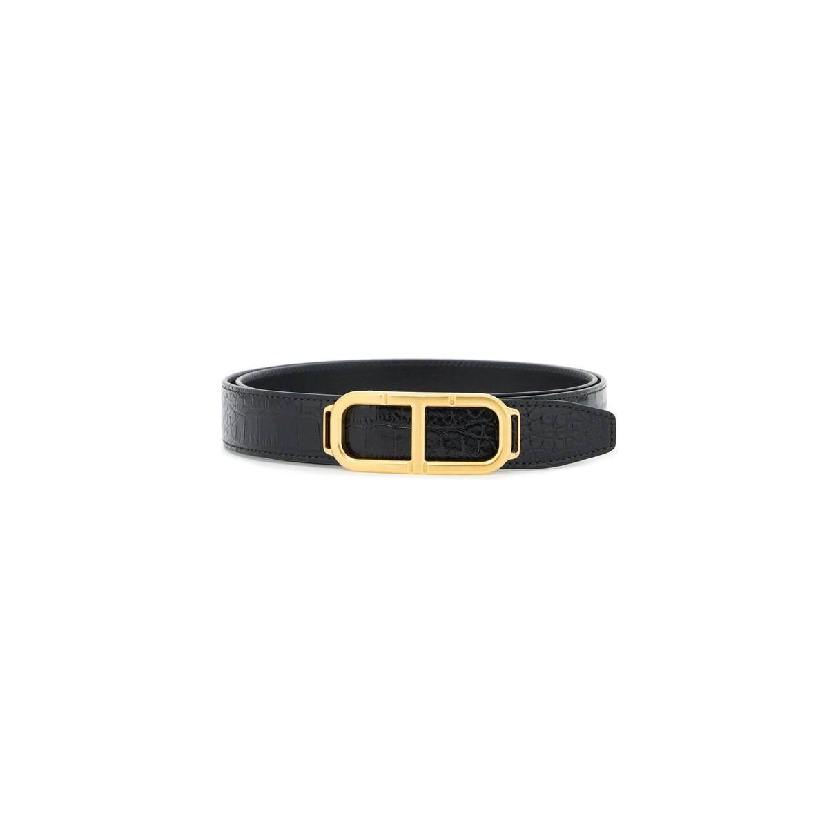 T Buckle Reverse Smooth and Croc-Embossed Leather Belt