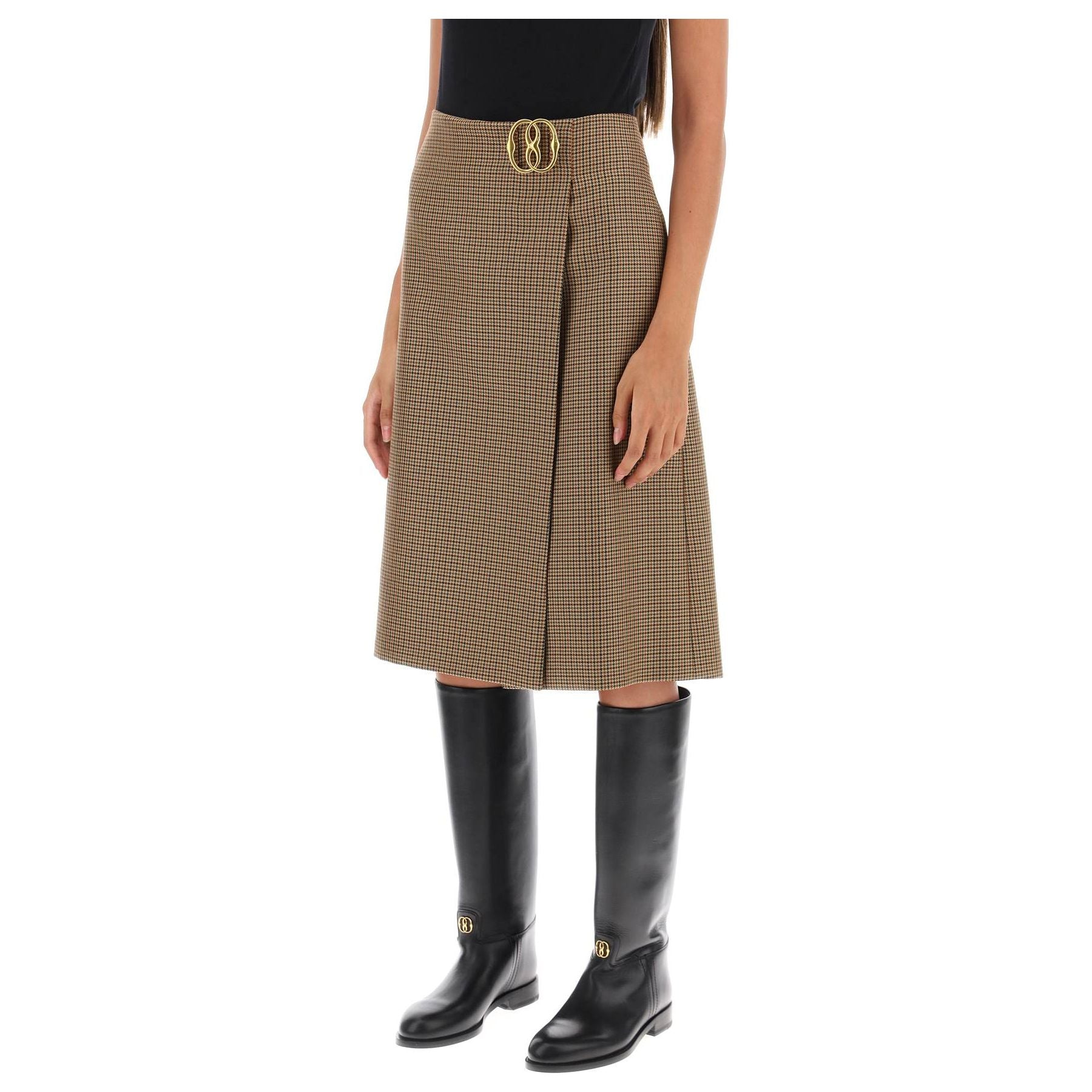Houndstooth A Line Skirt With Emblem Buckle