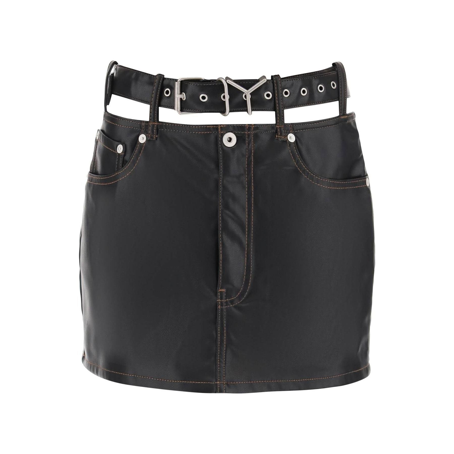 Y Belt Faux Leather Mini Skirt