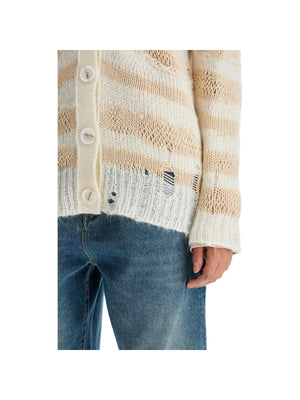 Cotton and Mohair Blend Striped Distressed Cardigan