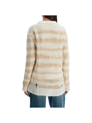 Cotton and Mohair Blend Striped Distressed Cardigan