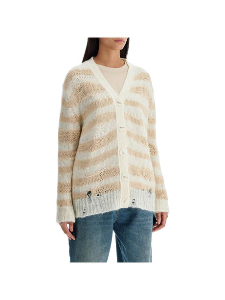 Cotton and Mohair Blend Striped Distressed Cardigan