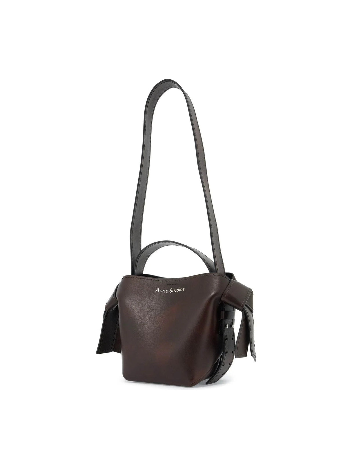 Dark brown Musubi Mini Bag with structured shape and long strap for stylish elegance