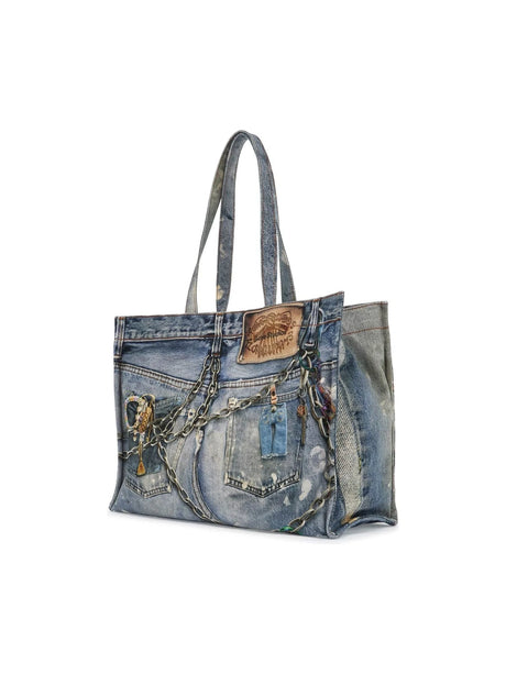 Printed Denim Tote Bag With Eight