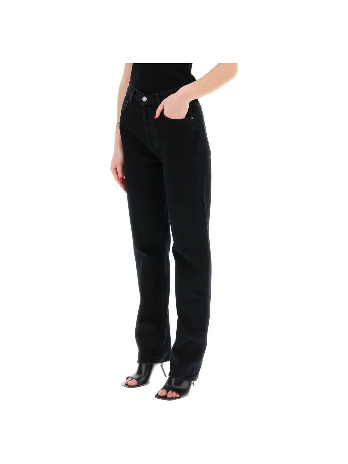 Black '90'S Pinch Waist High Rise Straight Cotton Jeans in Crushed AGOLDE JOHN JULIA.