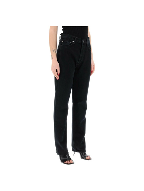 Black '90'S Pinch Waist High Rise Straight Cotton Jeans in Crushed AGOLDE JOHN JULIA.