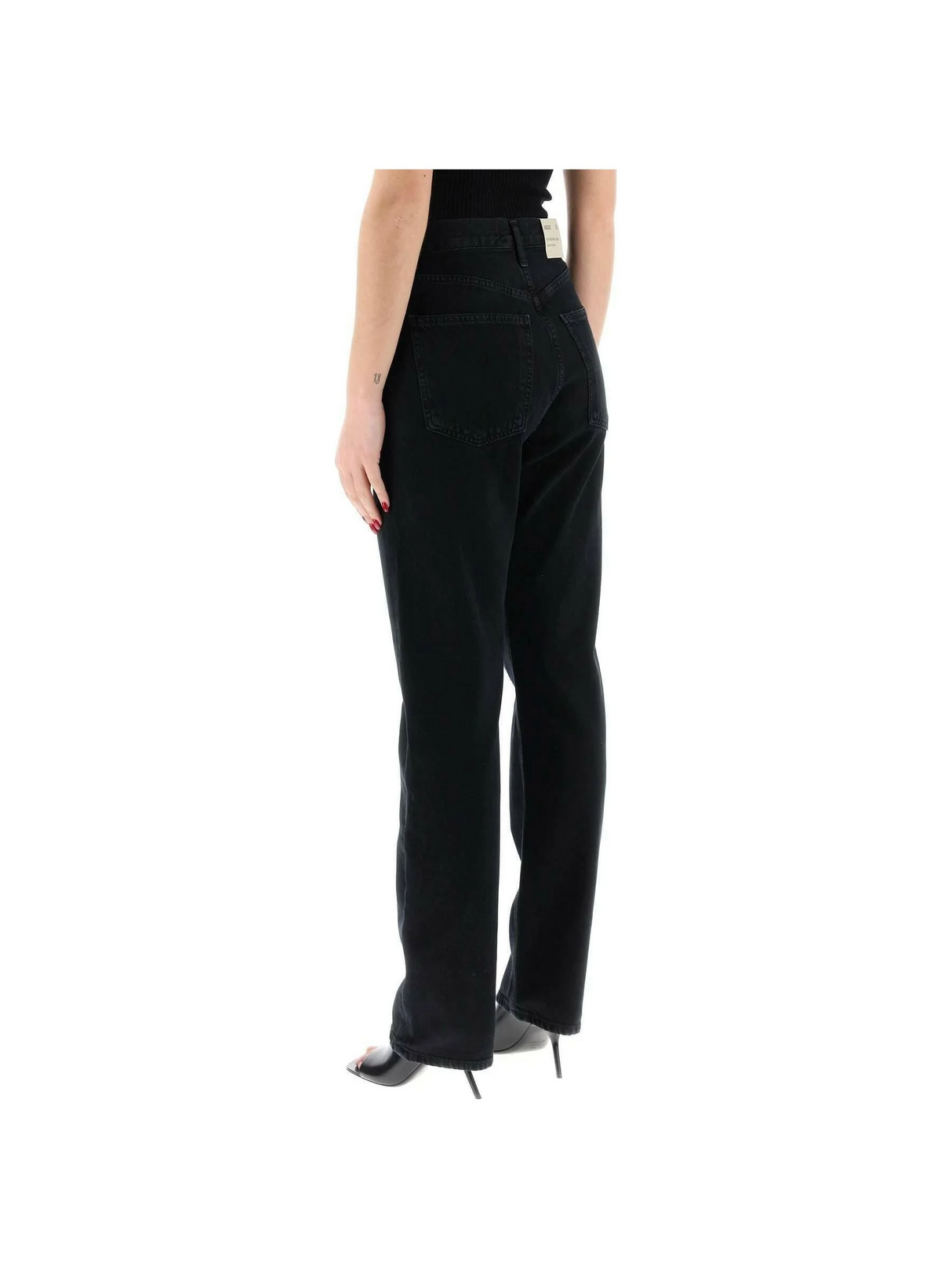 Black '90'S Pinch Waist High Rise Straight Cotton Jeans in Crushed AGOLDE JOHN JULIA.