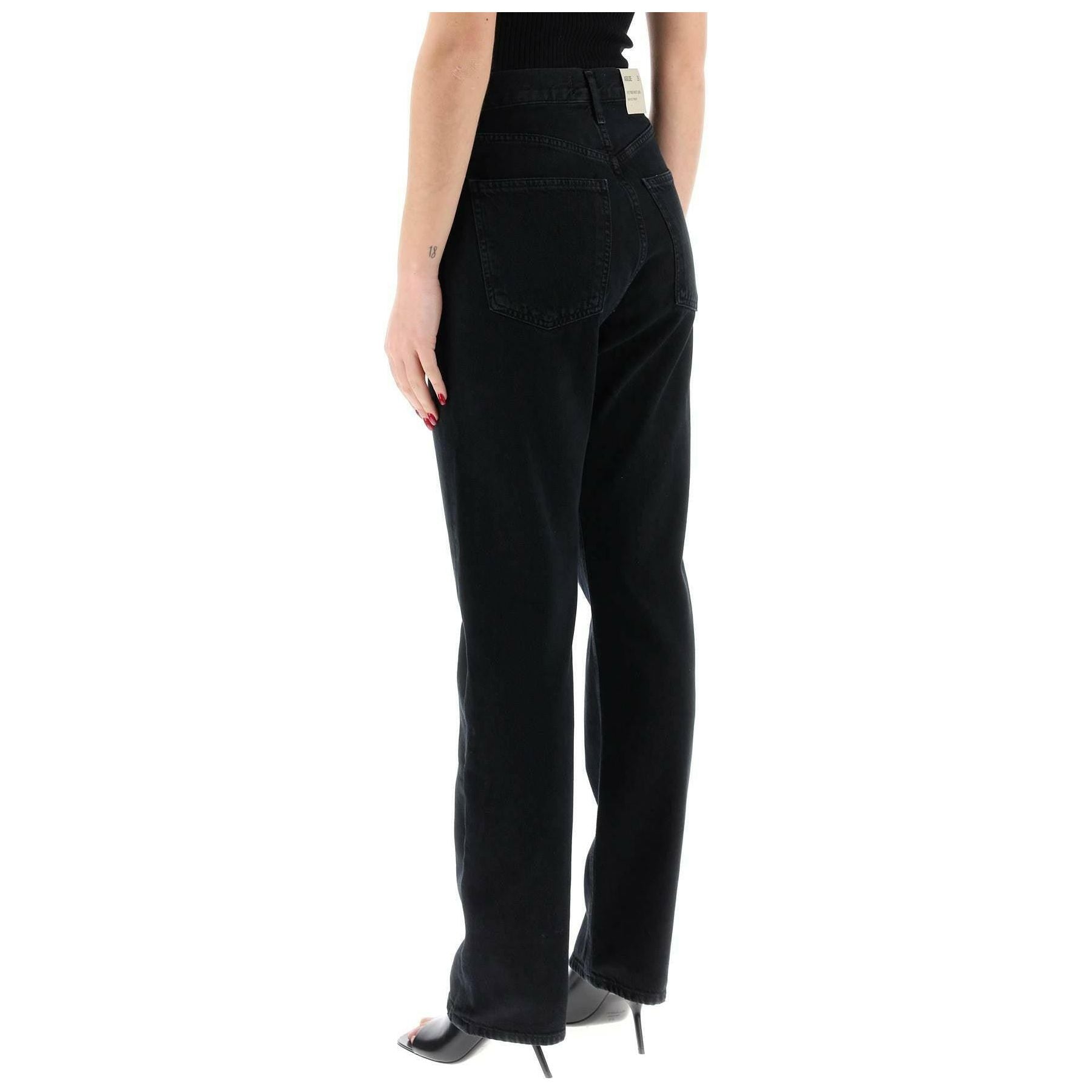 Black '90'S Pinch Waist High Rise Straight Cotton Jeans in Crushed AGOLDE JOHN JULIA.