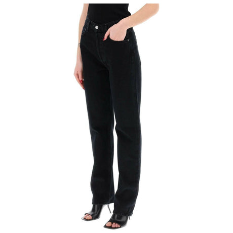 Black '90'S Pinch Waist High Rise Straight Cotton Jeans in Crushed AGOLDE JOHN JULIA.