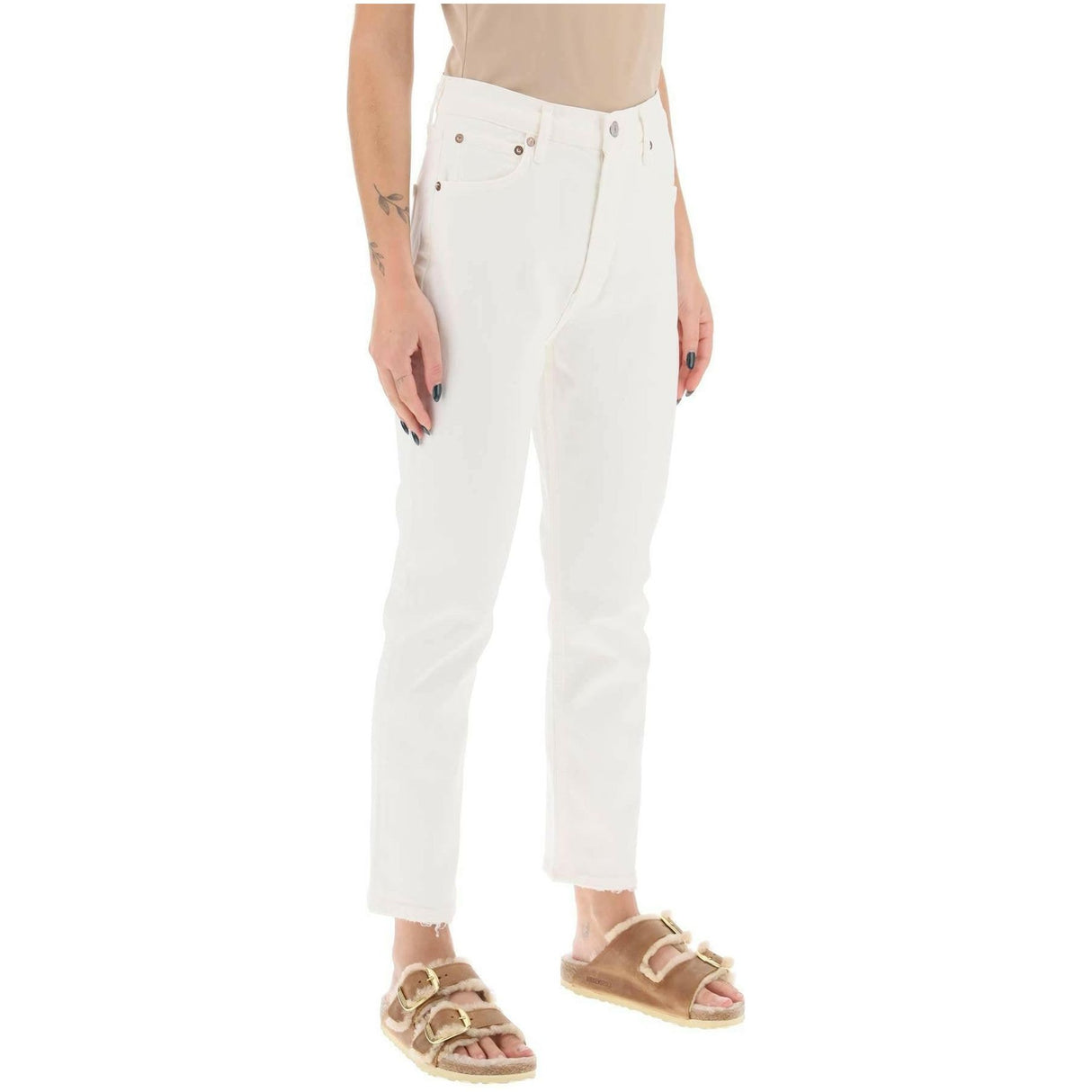 Riley High Rise Straight Crop Stretch Cotton Jeans in Sour Cream AGOLDE JOHN JULIA.