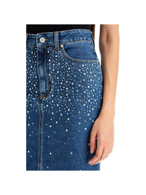 Rhinestone Denim Midi Skirt.