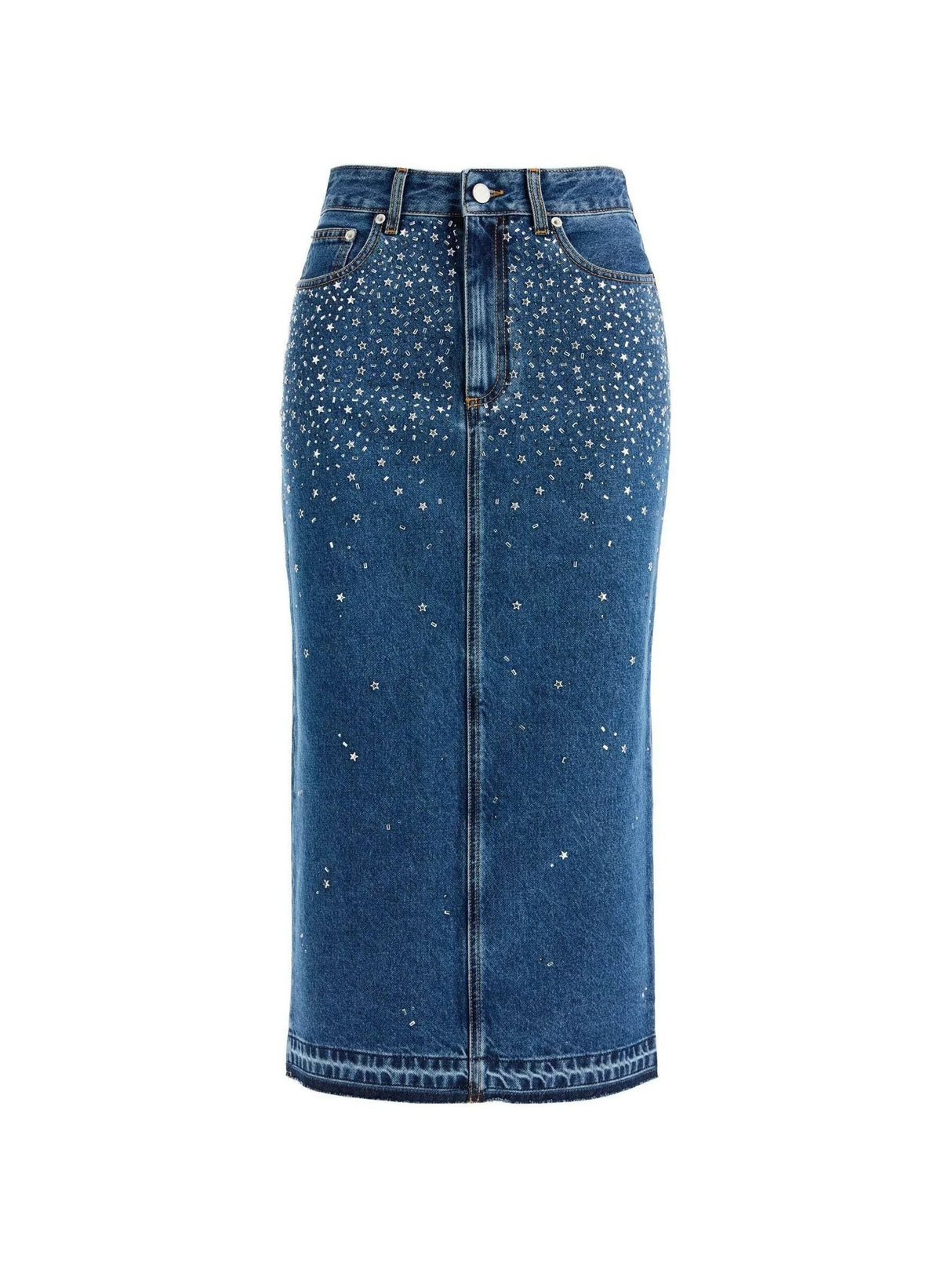 Rhinestone Denim Midi Skirt.