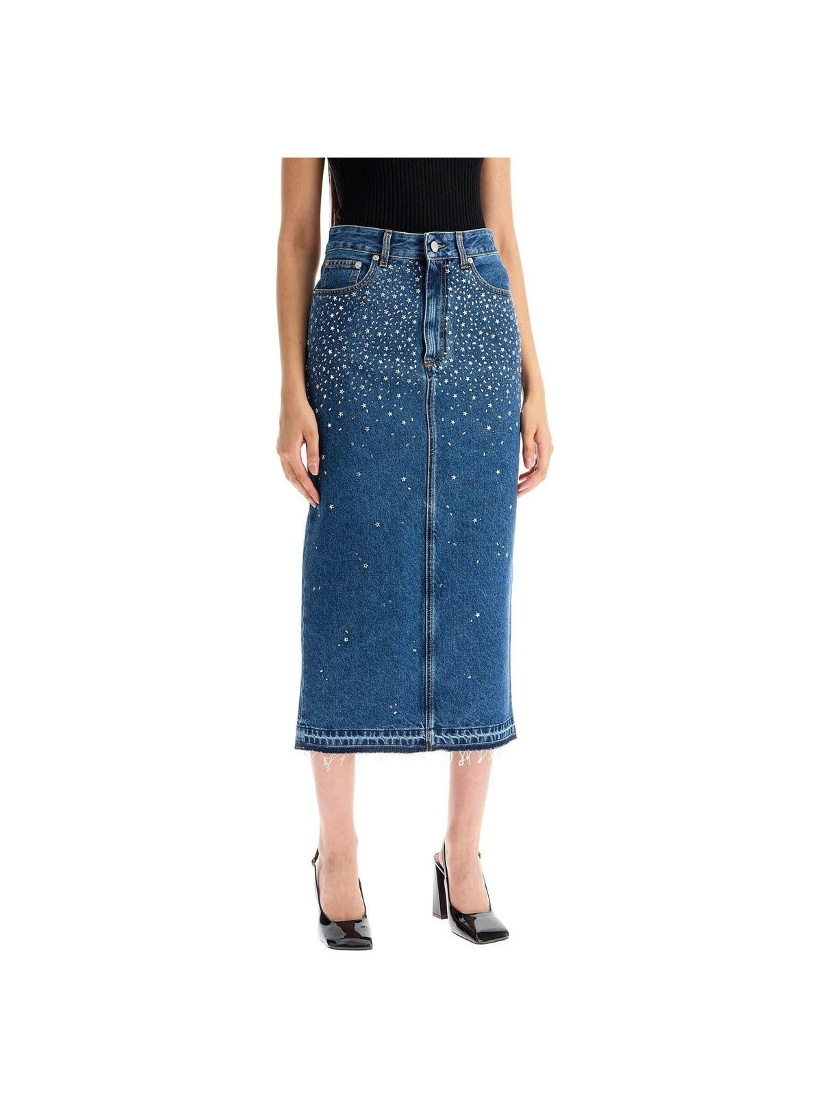 Rhinestone Denim Midi Skirt.