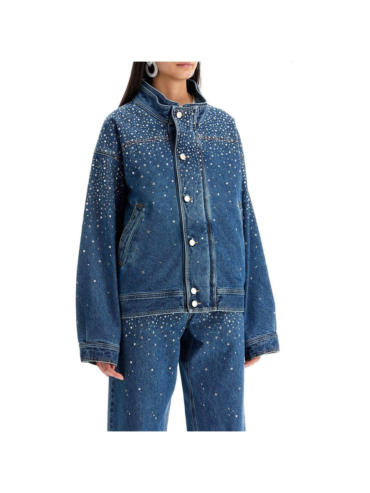 Rhinestone Embellished Denim Bomber Jacket.