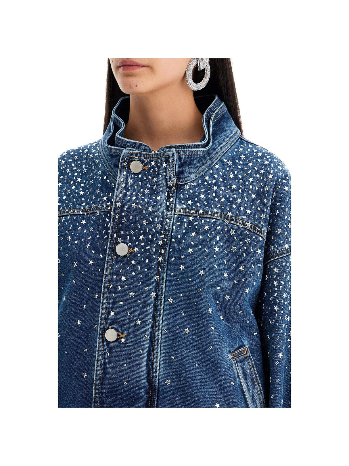 Rhinestone Embellished Denim Bomber Jacket.