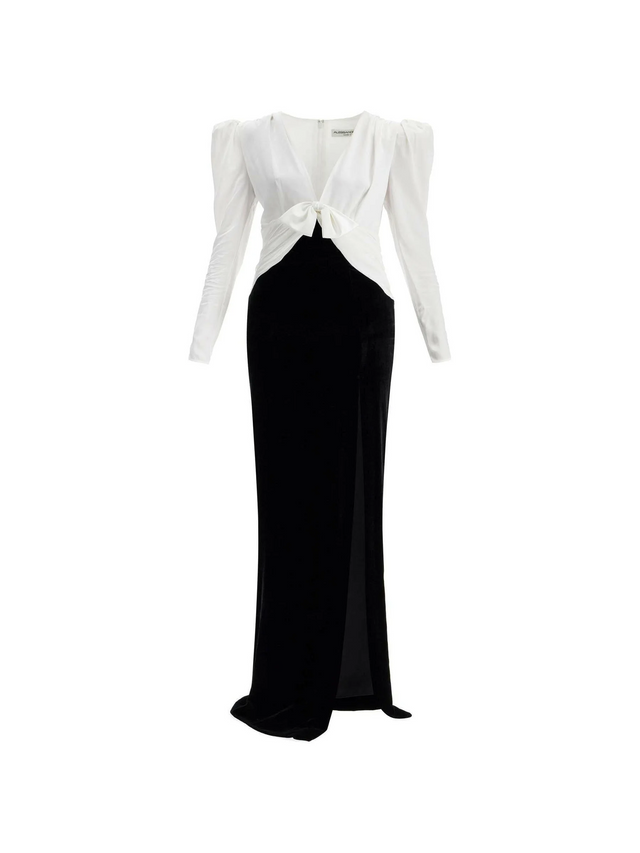 Velvet and Silk Bow Long Slit Dress.