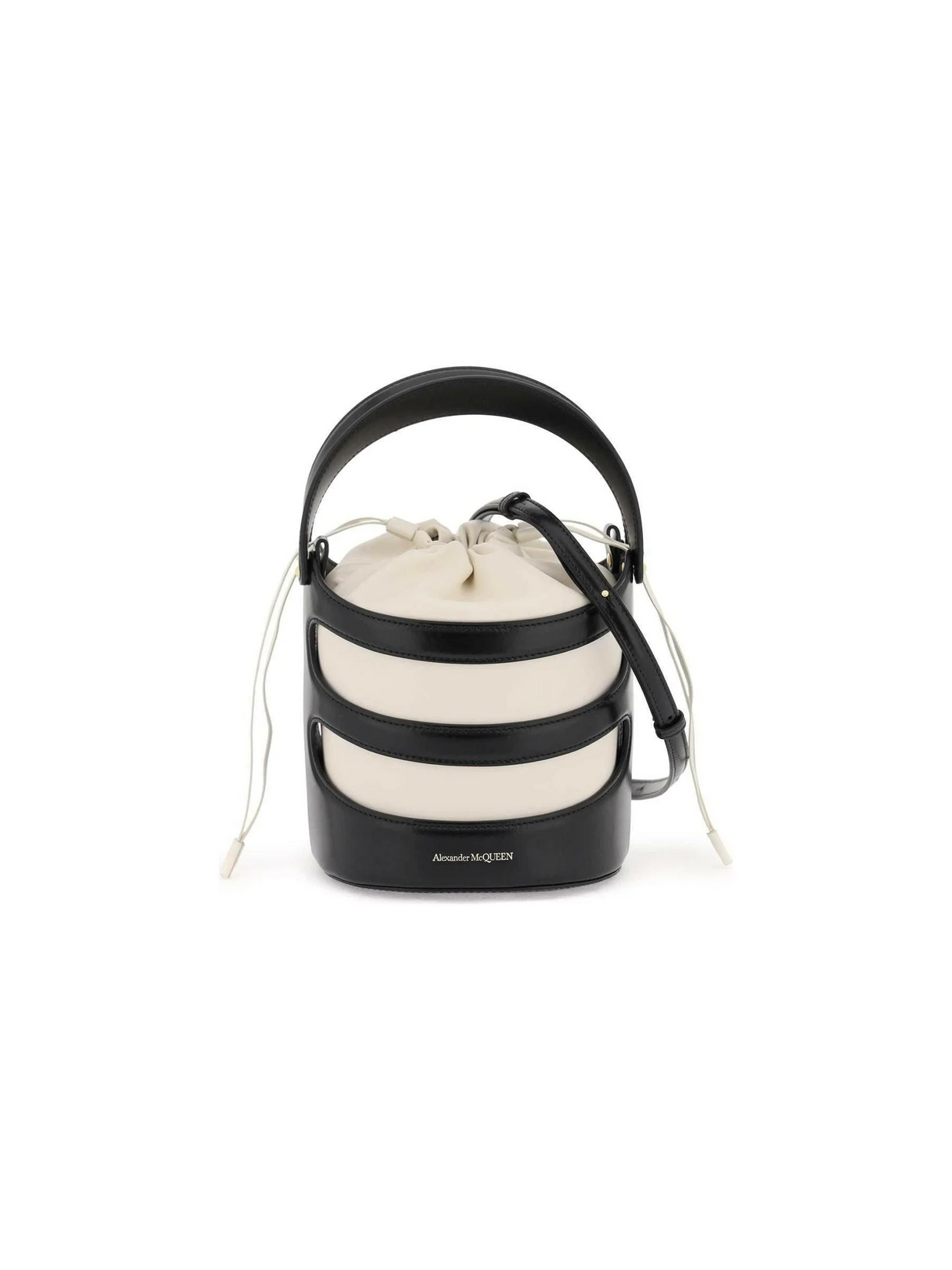 Black and Ivory Rise Leather Bucket Bag ALEXANDER MCQUEEN JOHN JULIA.