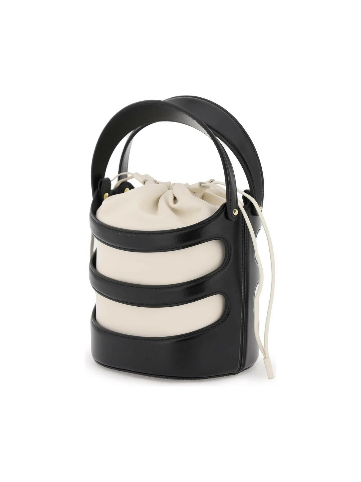 Black and Ivory Rise Leather Bucket Bag ALEXANDER MCQUEEN JOHN JULIA.