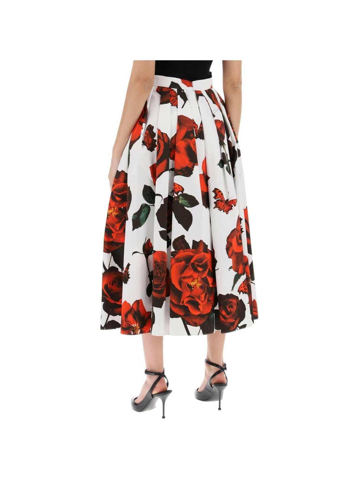 ALEXANDER MCQUEEN White and Tudor Rose Printed Pleated Cotton Midi Skirt JOHN JULIA.