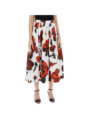 ALEXANDER MCQUEEN White and Tudor Rose Printed Pleated Cotton Midi Skirt JOHN JULIA.