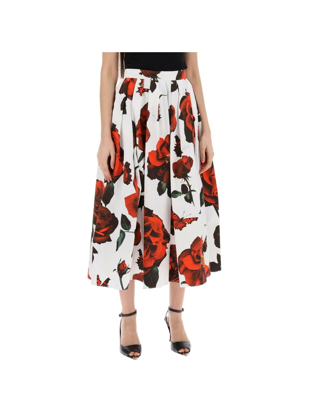 ALEXANDER MCQUEEN White and Tudor Rose Printed Pleated Cotton Midi Skirt JOHN JULIA.