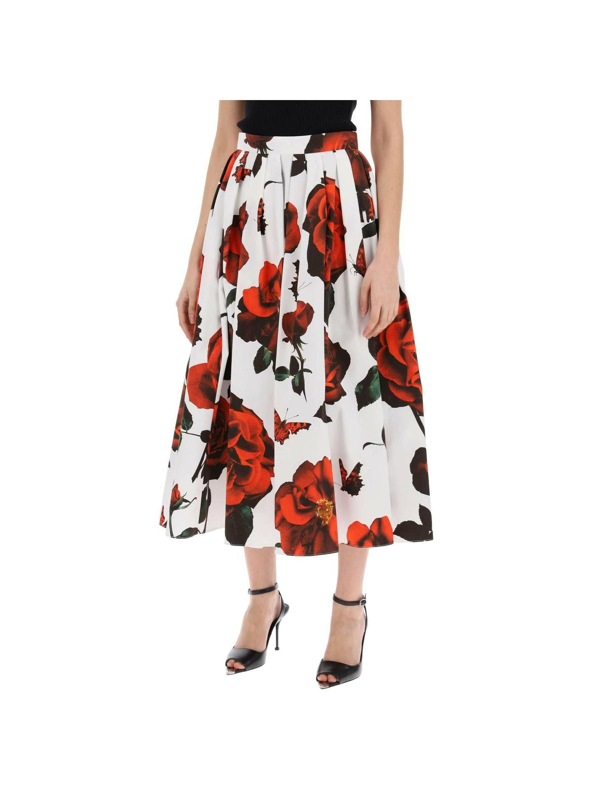 ALEXANDER MCQUEEN White and Tudor Rose Printed Pleated Cotton Midi Skirt JOHN JULIA.