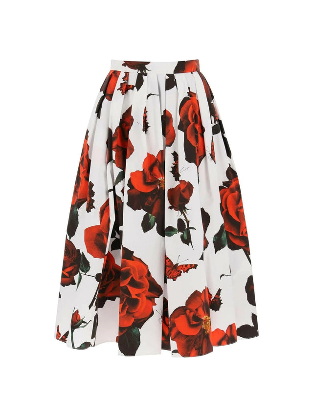 ALEXANDER MCQUEEN White and Tudor Rose Printed Pleated Cotton Midi Skirt JOHN JULIA.