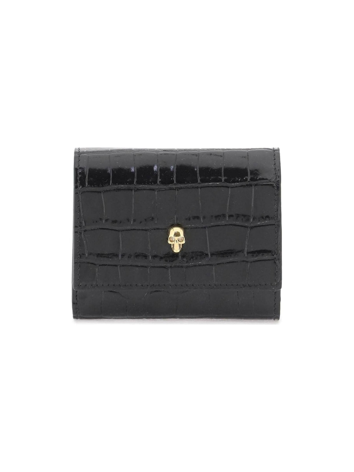 Black Croc-Embossed Leather Compact Skull Wallet ALEXANDER MCQUEEN JOHN JULIA.