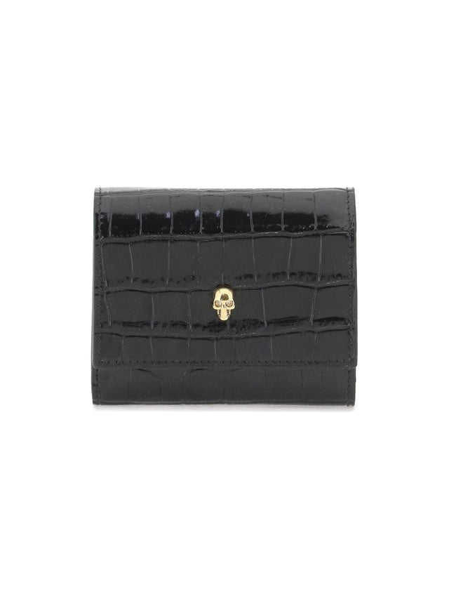 Black Croc-Embossed Leather Compact Skull Wallet ALEXANDER MCQUEEN JOHN JULIA.