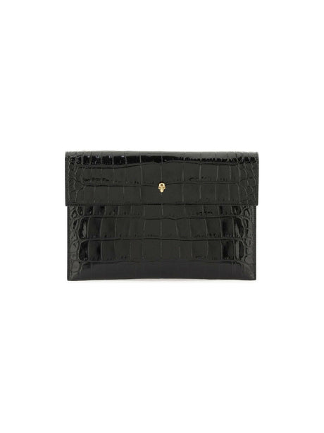 ALEXANDER MCQUEEN-Croc-Embossed Skull Envelope Clutch-JOHN JULIA