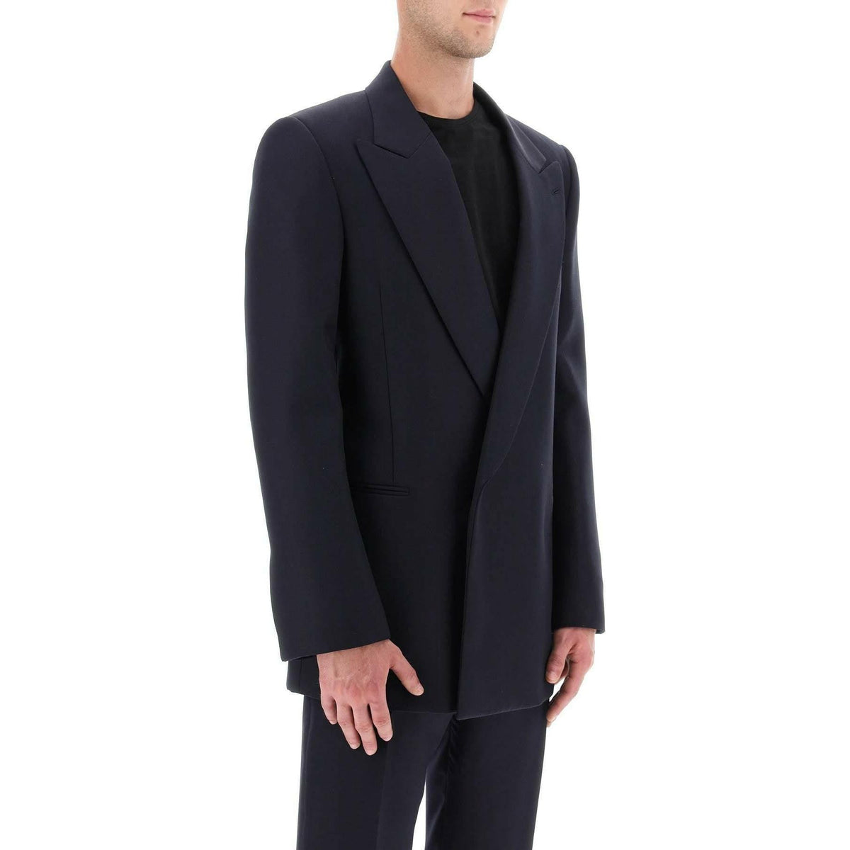 Navy Wool Mohair Concealed Button Double-Breasted Blazer ALEXANDER MCQUEEN JOHN JULIA.