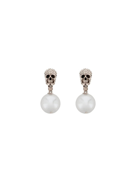 Pearl Skull Earrings With Crystal Pavé