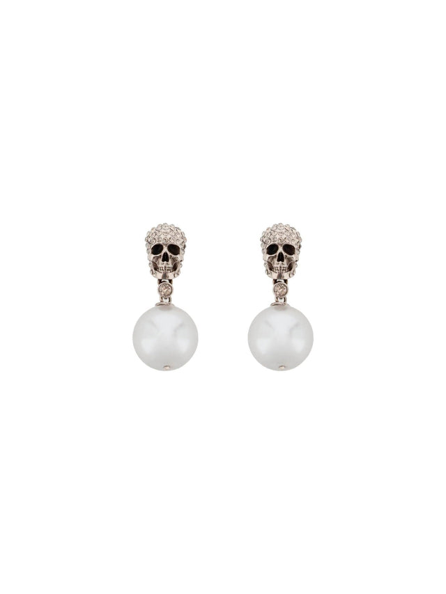 Pearl Skull Earrings With Crystal Pavé