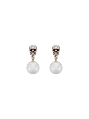 Pearl Skull Earrings With Crystal Pavé