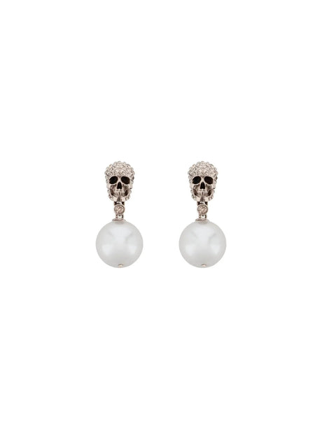 Pearl Skull Earrings With Crystal Pavé