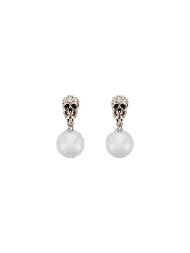 Pearl Skull Earrings With Crystal Pavé