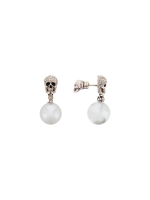 Pearl Skull Earrings With Crystal Pavé