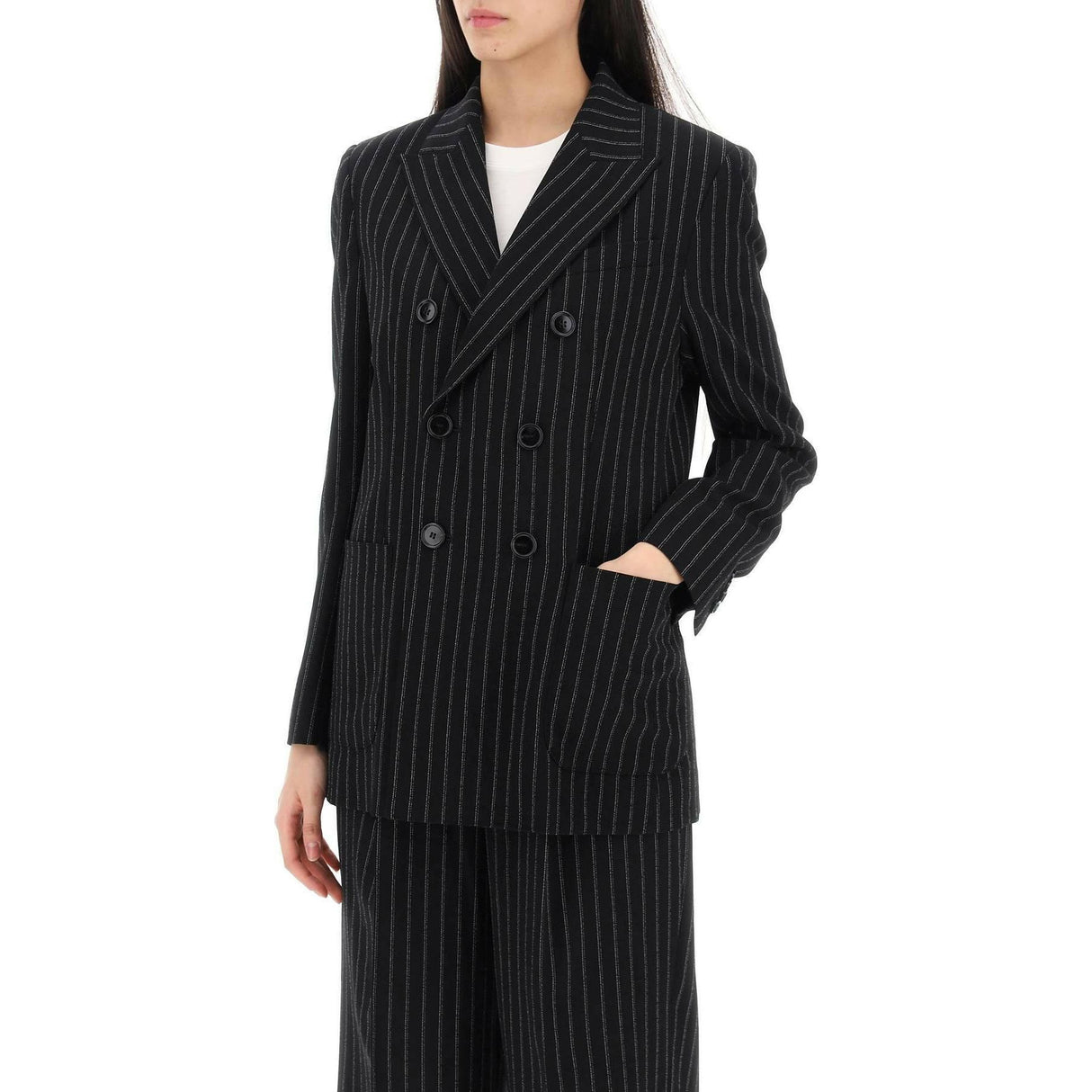 Black and Chalk Pinstriped Wool Crepe Double-Breasted Jacket AMI ALEXANDRE MATTIUSSI JOHN JULIA.