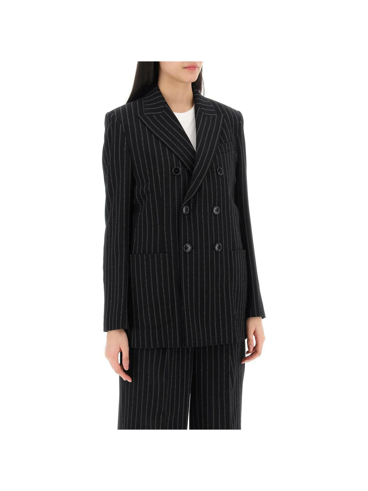 Black and Chalk Pinstriped Wool Crepe Double-Breasted Jacket AMI ALEXANDRE MATTIUSSI JOHN JULIA.