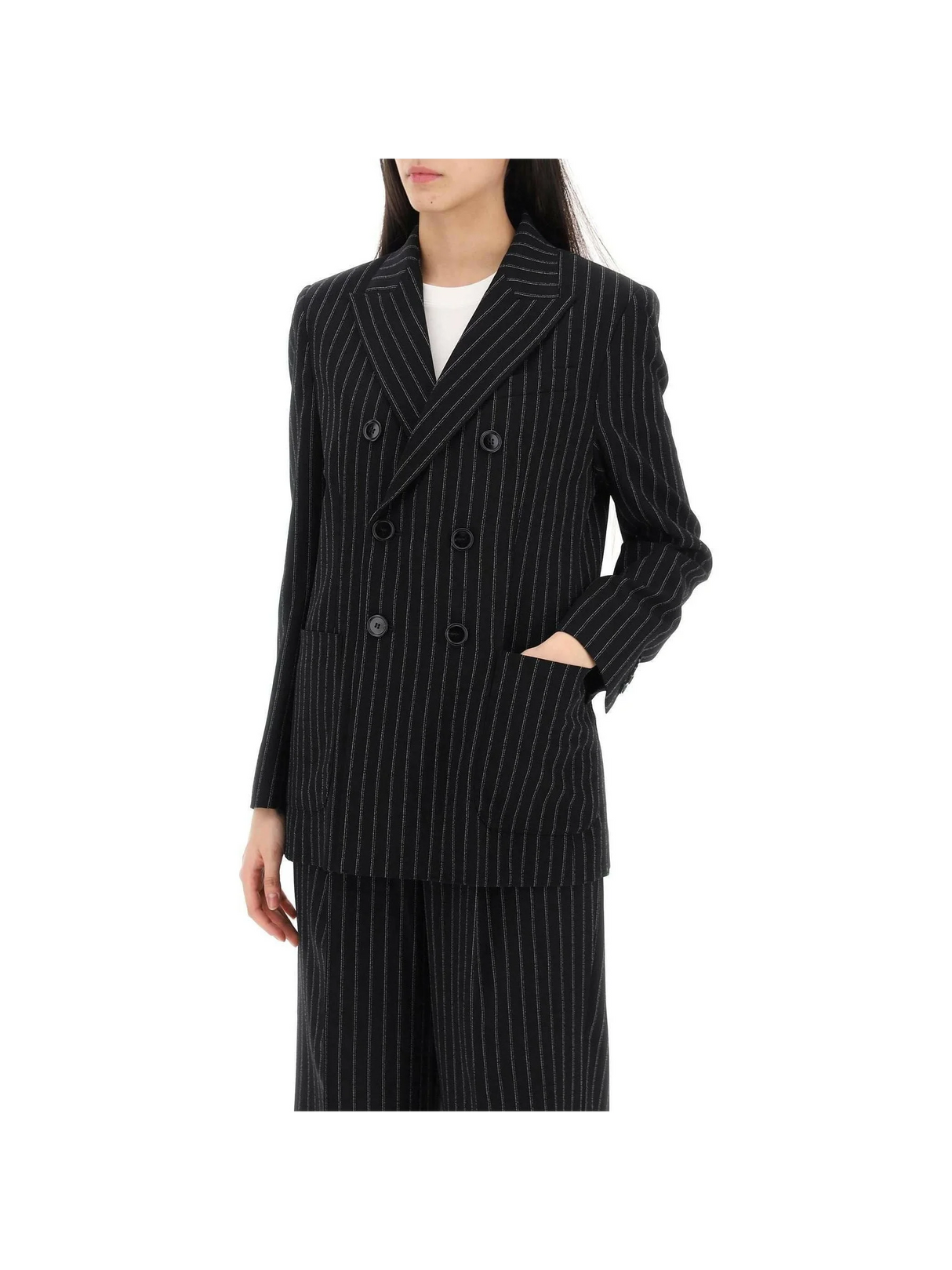 Black and Chalk Pinstriped Wool Crepe Double-Breasted Jacket AMI ALEXANDRE MATTIUSSI JOHN JULIA.