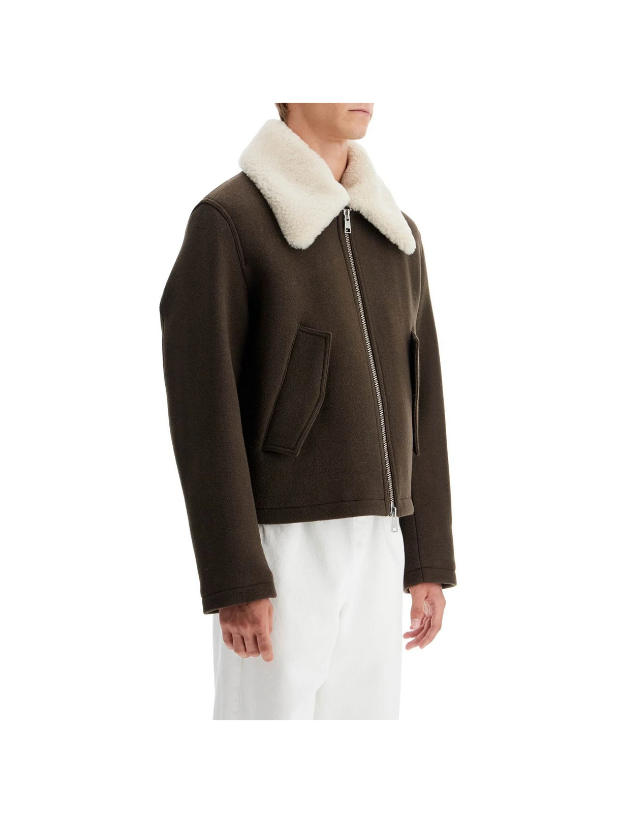 AMI ALEXANDRE MATIUSSI-Boxy Shearling Jacket With Collar -JOHN JULIA.