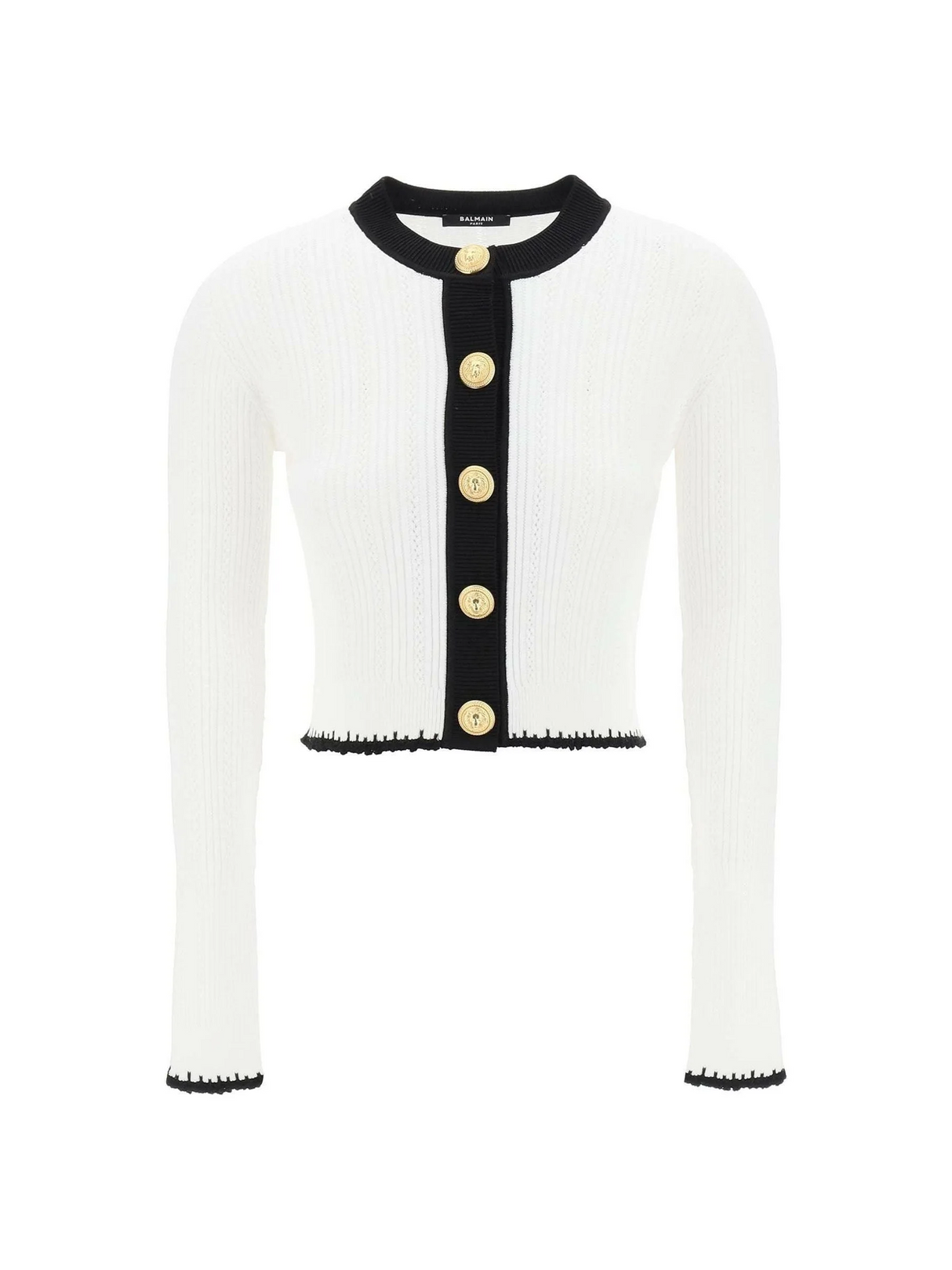 Bicolor Ribbed Knit Cardigan With Embossed Buttons BALMAIN JOHN JULIA.