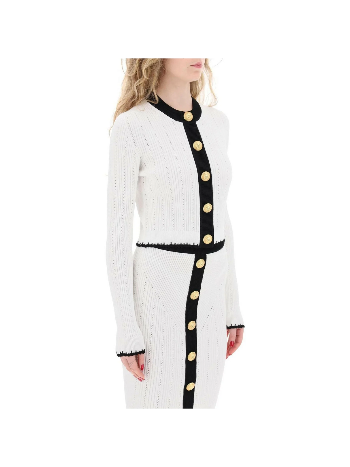 Bicolor Ribbed Knit Cardigan With Embossed Buttons BALMAIN JOHN JULIA.