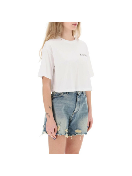 Cropped T-Shirt With Metallic Logo BALMAIN JOHN JULIA.