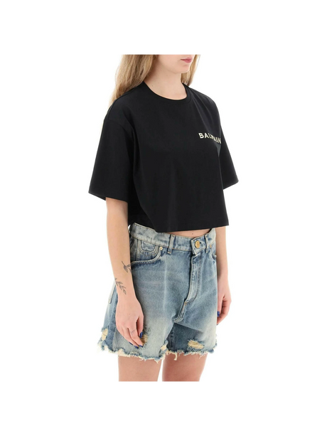 Cropped T-Shirt With Metallic Logo BALMAIN JOHN JULIA.